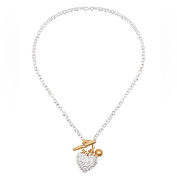 NWT, Guess Two Tone Rhinestone Heart Pendant Necklace with Toggle Closure, 18 in - Picture 7 of 7